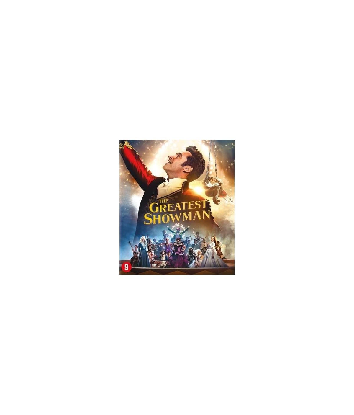 Filmposter: Man met opgeheven armen, omhoog kijkend. Menigte mensen beneden. Titel: The Greatest Showman, met een beoordeling.