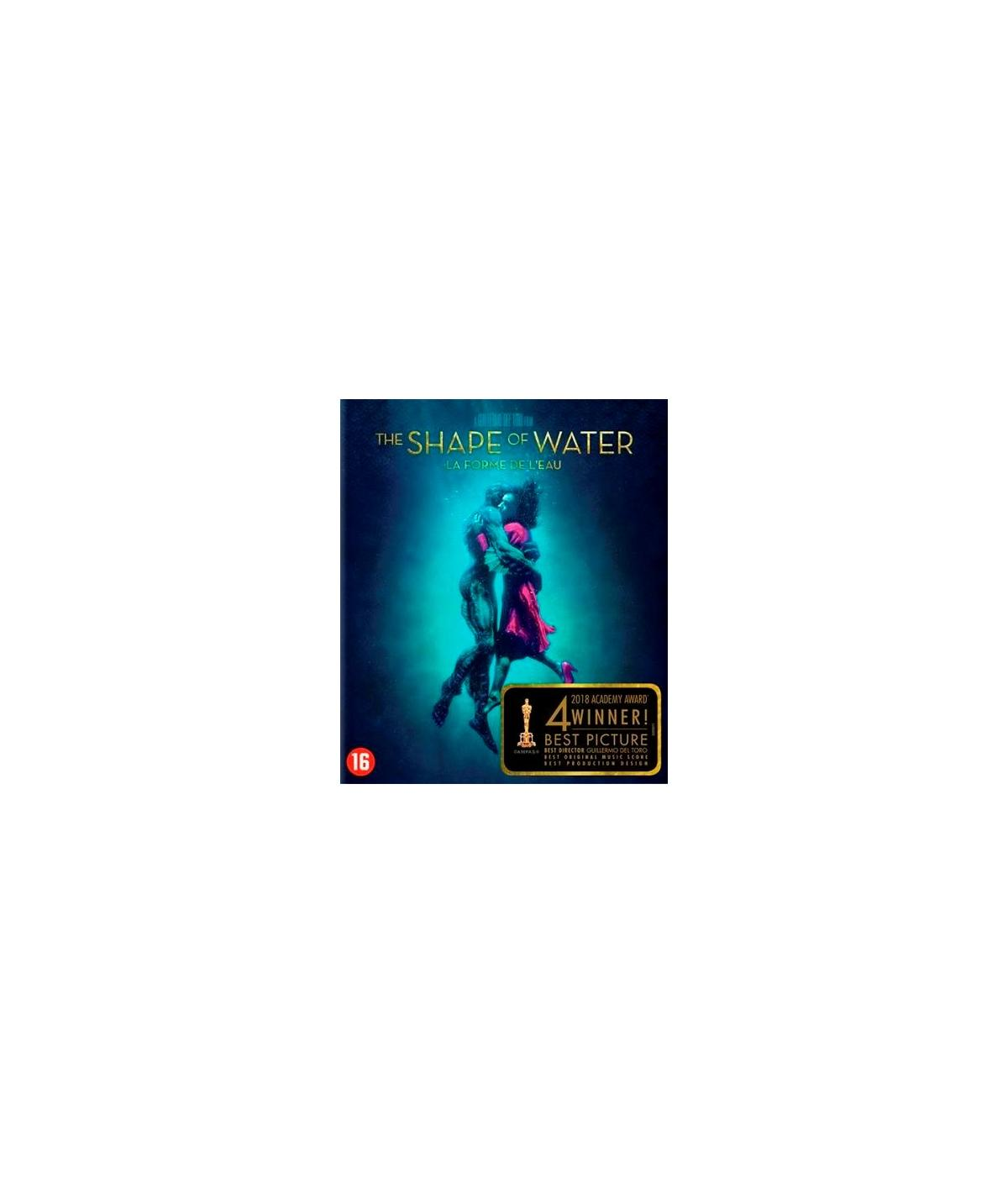 Filmposter: Twee figuren omarmen elkaar onder water. Titel: The Shape of Water.