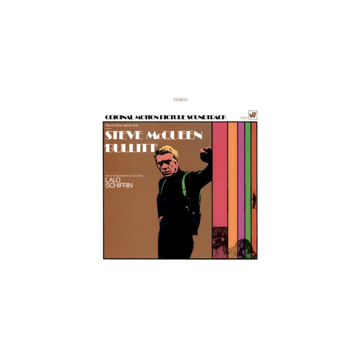 Albumhoes: Steve McQueen Bullitt soundtrack. Man in zwarte jas leunt tegen kleurrijke balken.