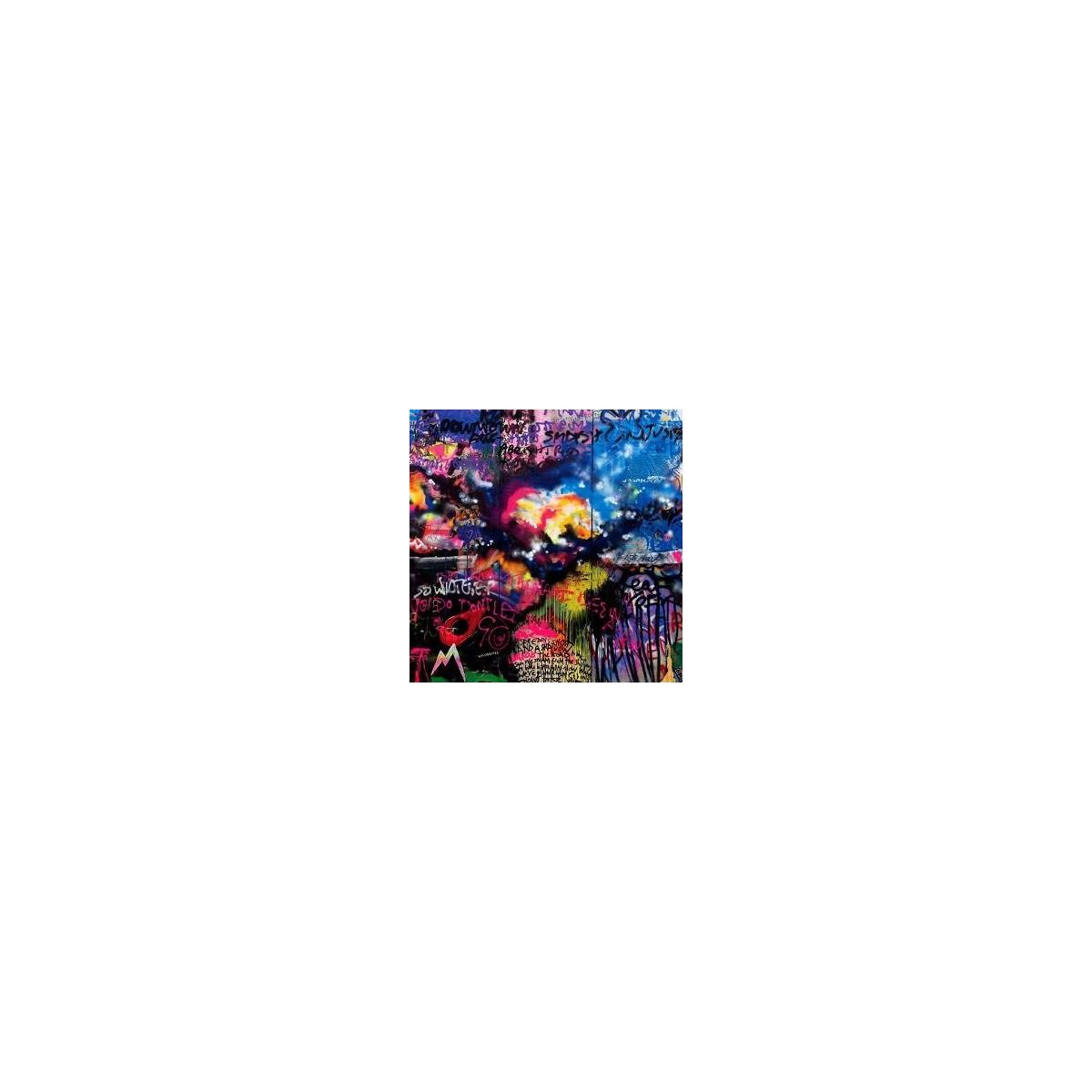 Œuvre d'art abstraite avec des couleurs vives et du texte de style graffiti. Le fond est un mélange de couleurs.