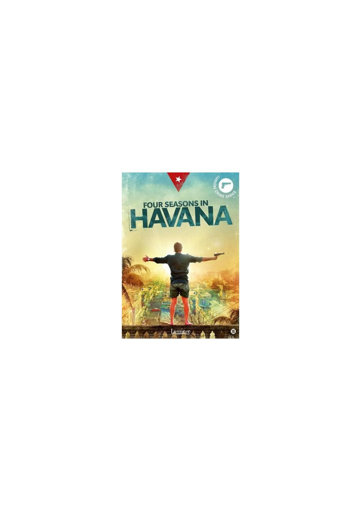 Affiche de film : Homme les bras tendus, tenant une arme à feu. Ville en arrière-plan. Titre : Four Seasons in Havana.