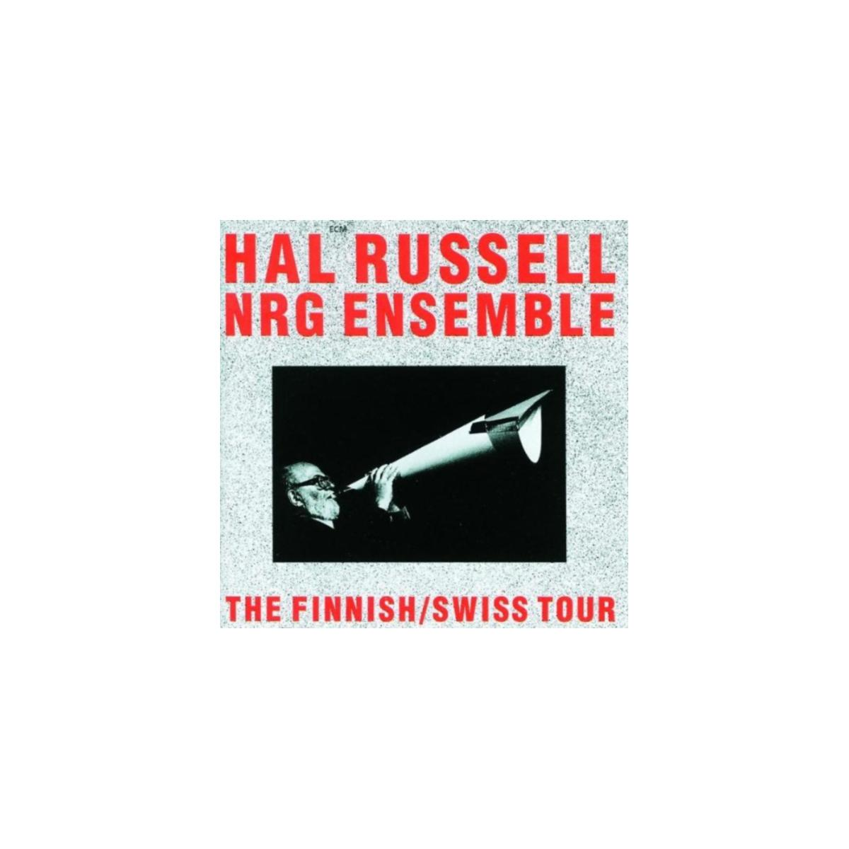 Pochette d'album : Un homme avec une corne, en noir et blanc. Titre : Hal Russell NRG Ensemble. Texte rouge.