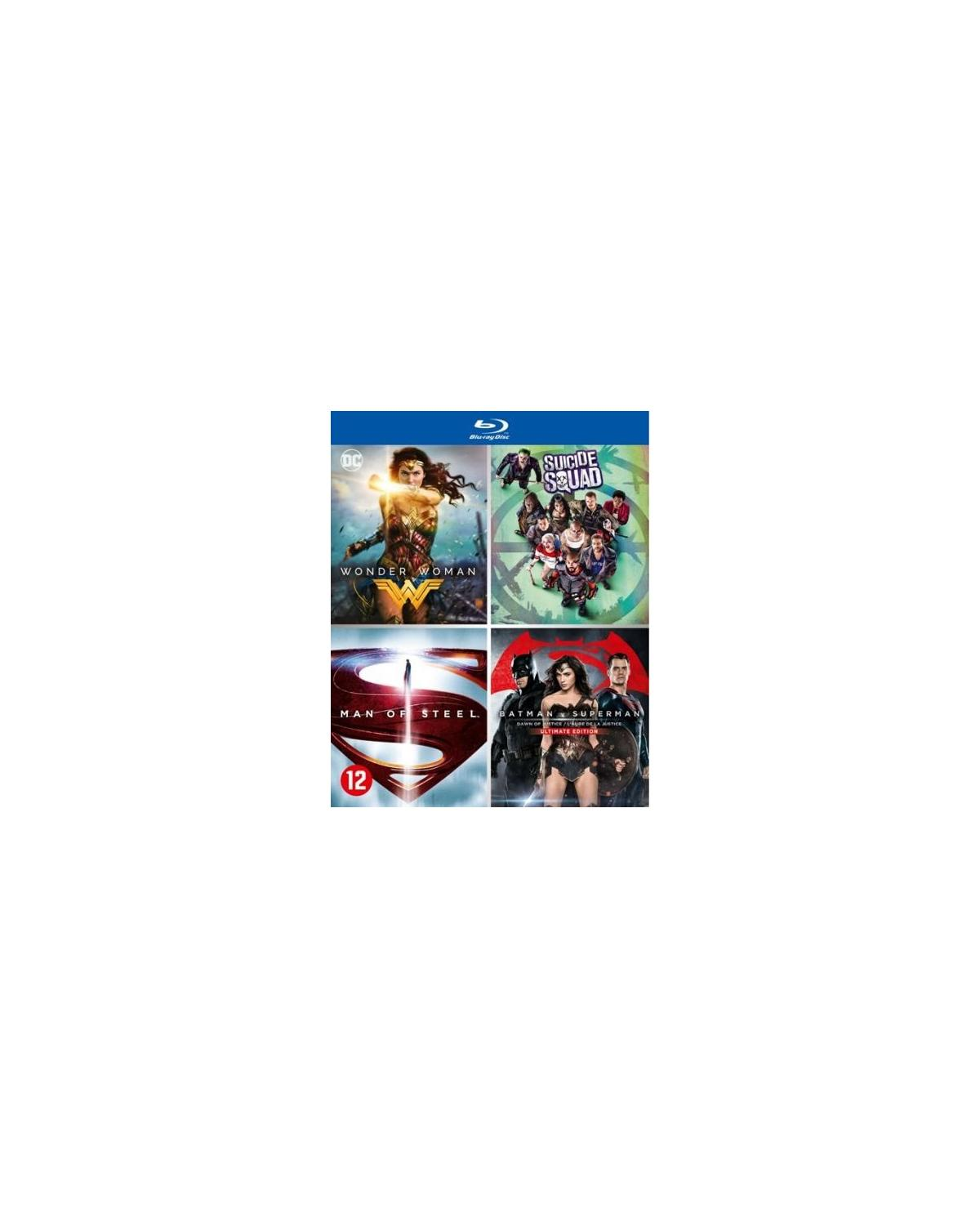 Couverture DVD avec quatre couvertures de films : Wonder Woman, Suicide Squad, Man of Steel et une autre Wonder Woman.