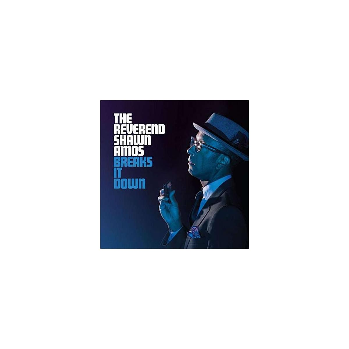 Albumhoes. Man in pak met een microfoon. Titel: The Reverend Shawn Amos Breaks It Down.