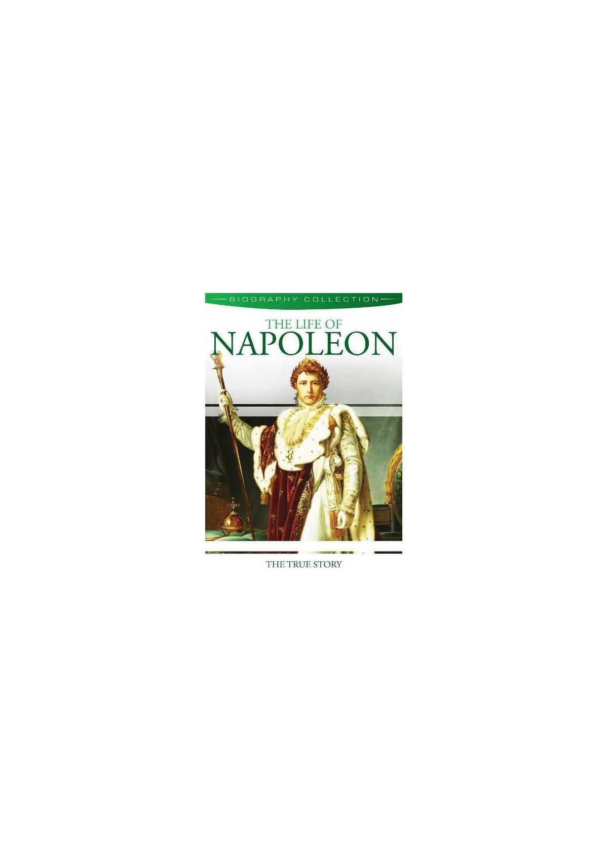 Couverture de livre, 'La vie de Napoléon', un homme en uniforme tenant un bâton. Texte vert.