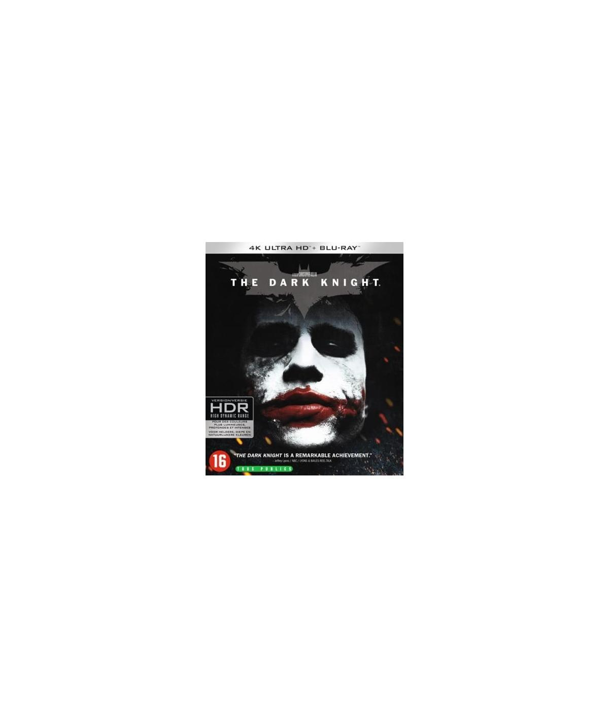 Filmposter van 'The Dark Knight'. Een close-up van de Joker's gezicht met make-up.