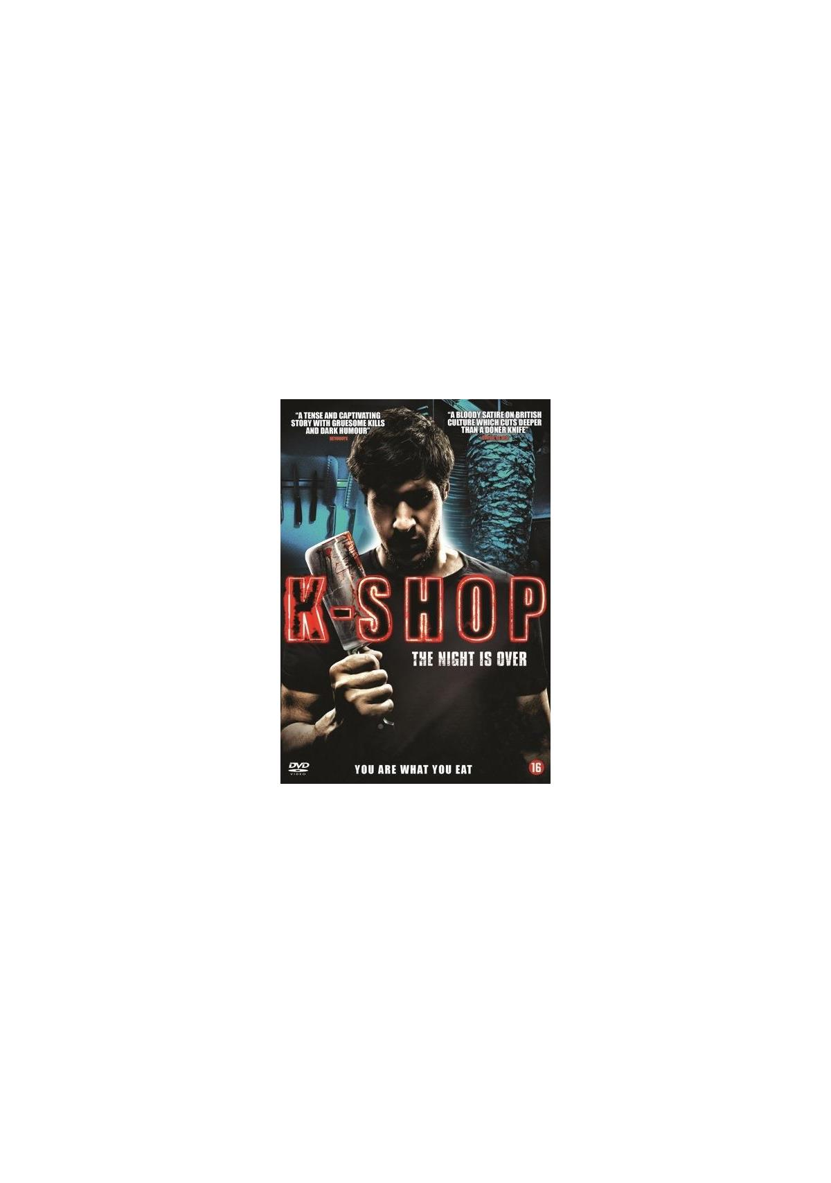 Couverture DVD K-Shop. Un homme tenant un couteau ensanglanté, fond sombre, nuit.
