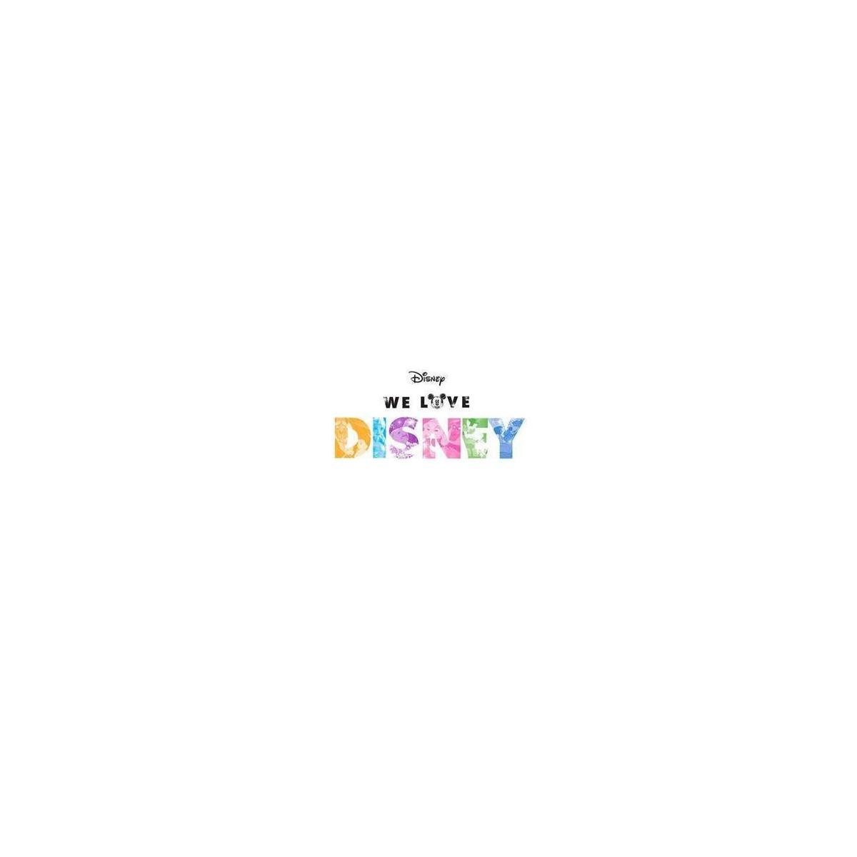 Fond blanc avec 'Disney WE LOVE DISNEY' en lettres colorées et stylisées.