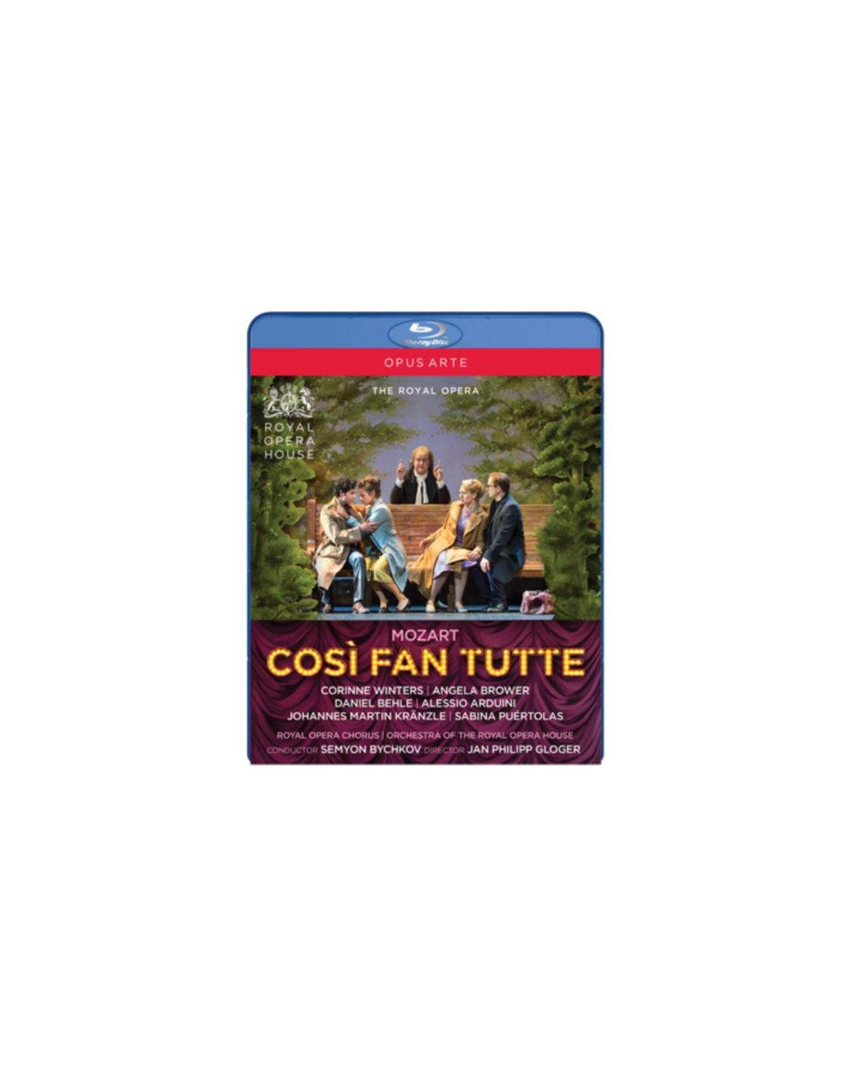 Cosi fan tutte Blu-ray cover. Mensen op een bank, orkest achter, blauwe achtergrond.