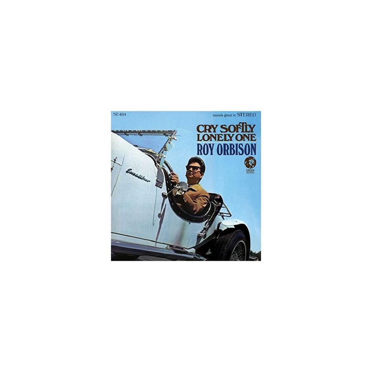 Pochette d'album avec Roy Orbison dans une voiture blanche. Titre : Cry Softly Lonely One.