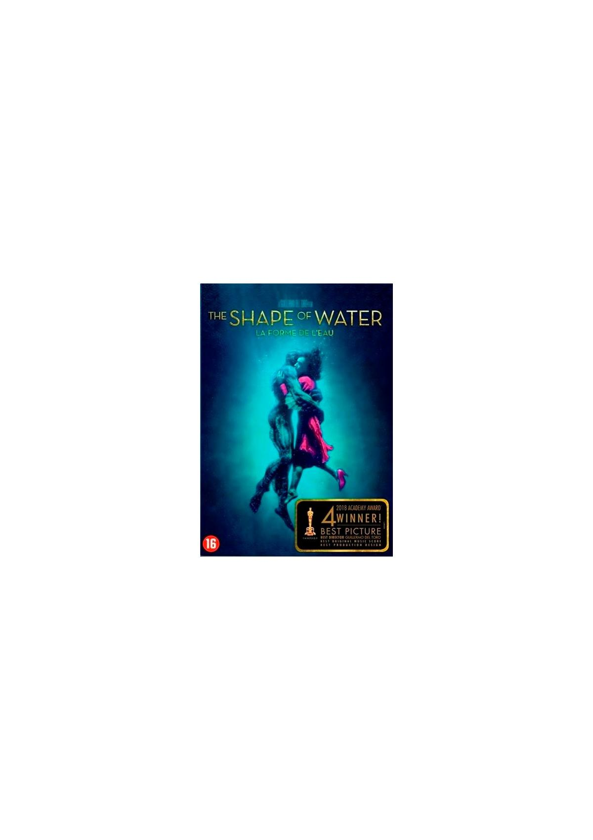 Affiche du film 'The Shape of Water'. Deux personnes sous l'eau, s'embrassant. Tons bleus et verts.