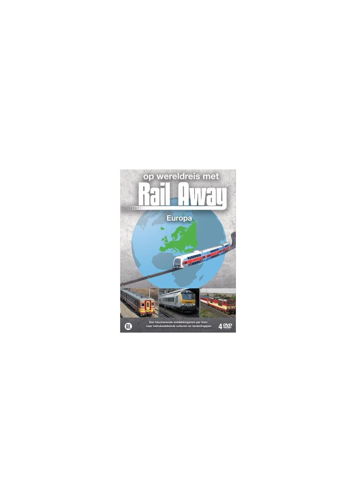 Pochette DVD: 'Op Wereldreis met Rail Away Europa'. Trains sur une voie, globe et images de trains.