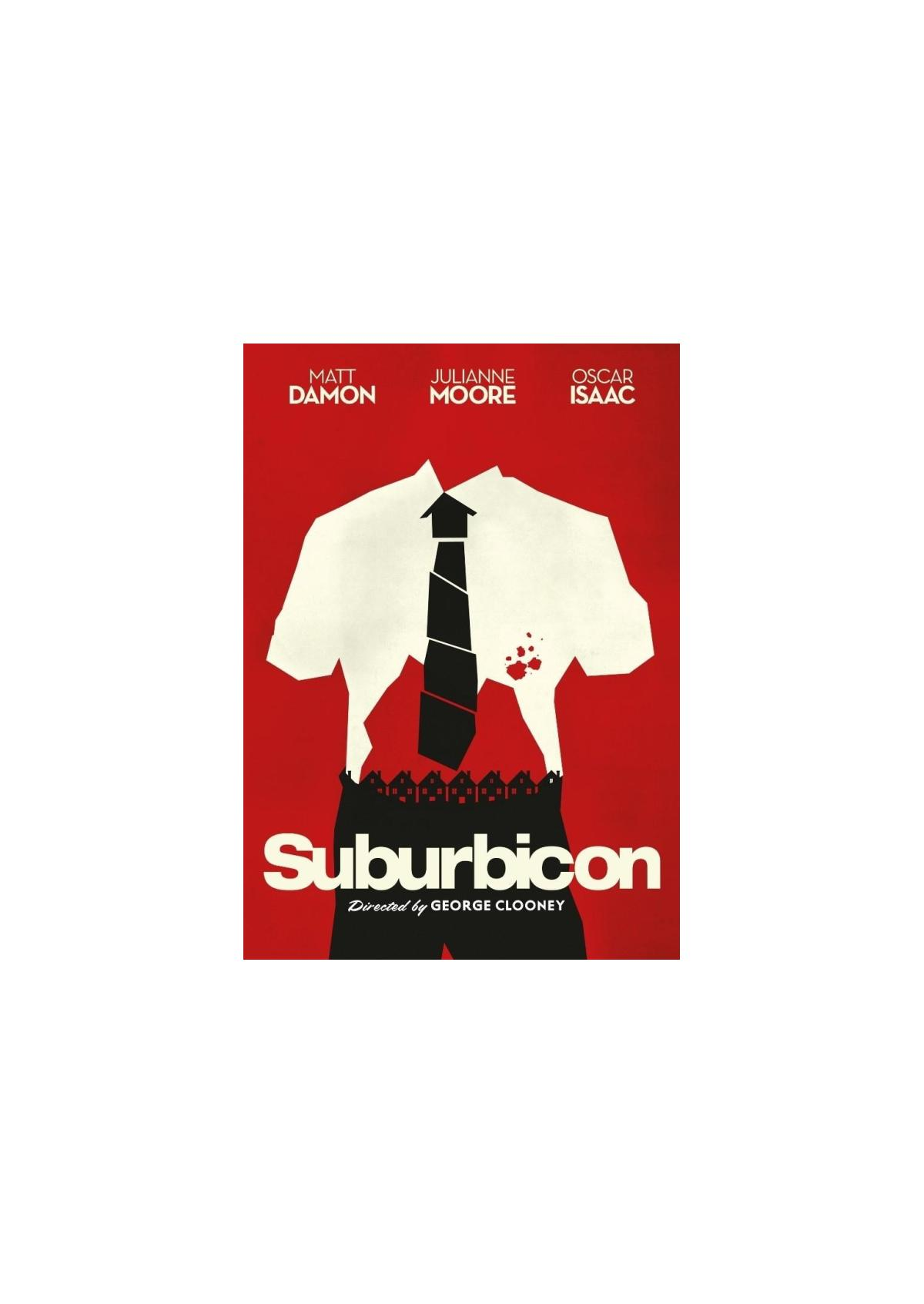Suburbicon filmposter. Een wit overhemd met een zwarte stropdas, rode achtergrond.