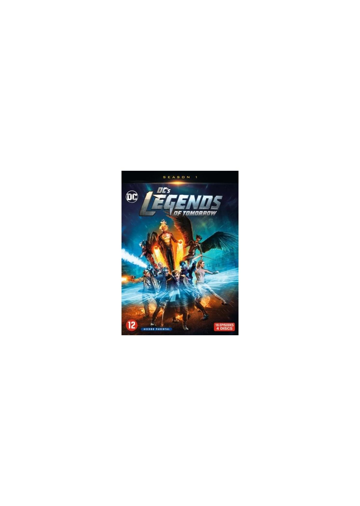 DC's Legends of Tomorrow DVD-hoes. Personages in actie met een donkere achtergrond.