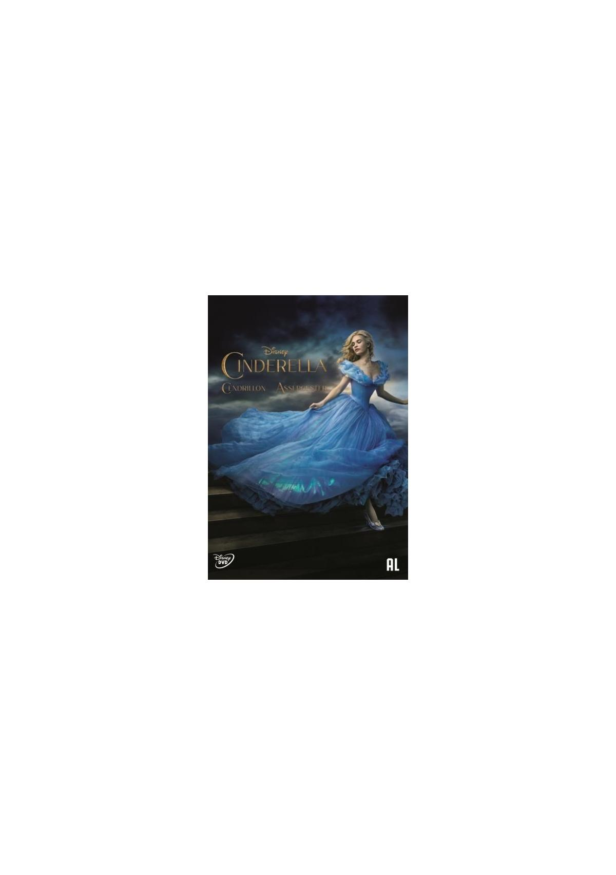 Cinderella dvd-hoes, een vrouw in een blauwe jurk op een trap.