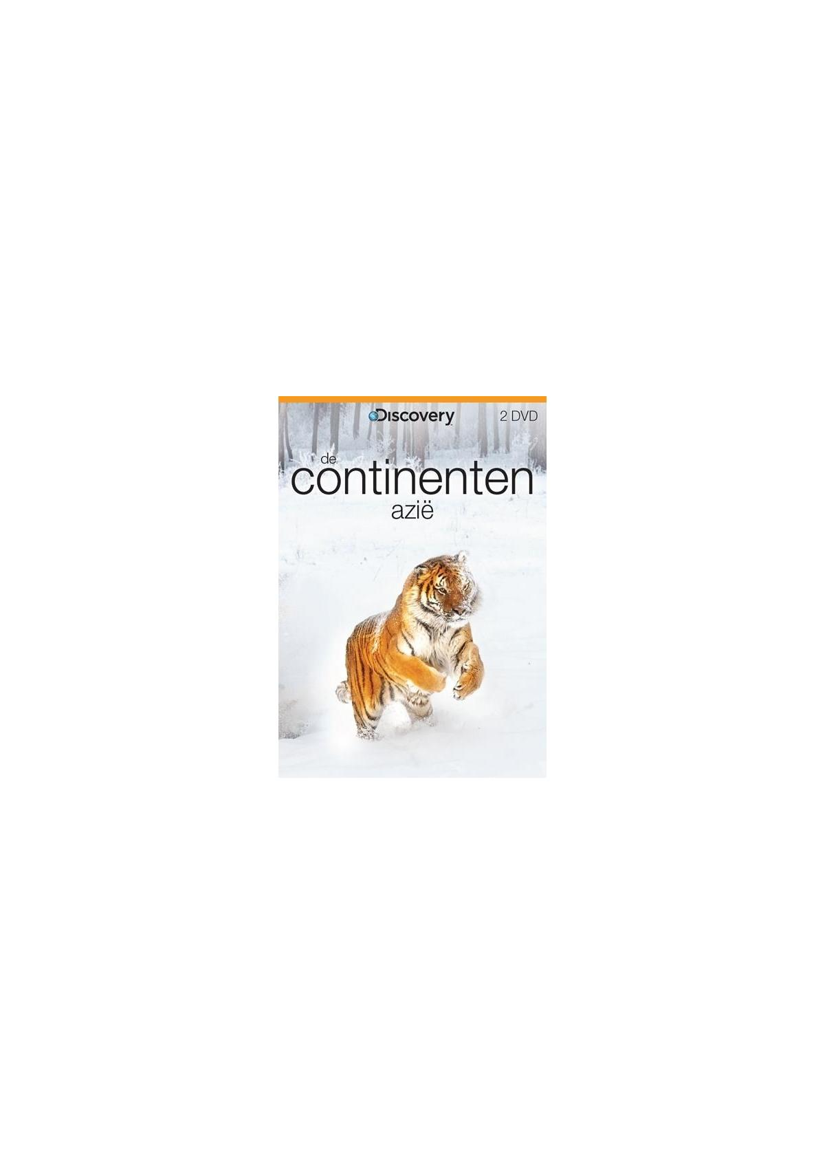 Couverture DVD avec un tigre dans la neige. Titre : De Continenten Azië. Logo Discovery.