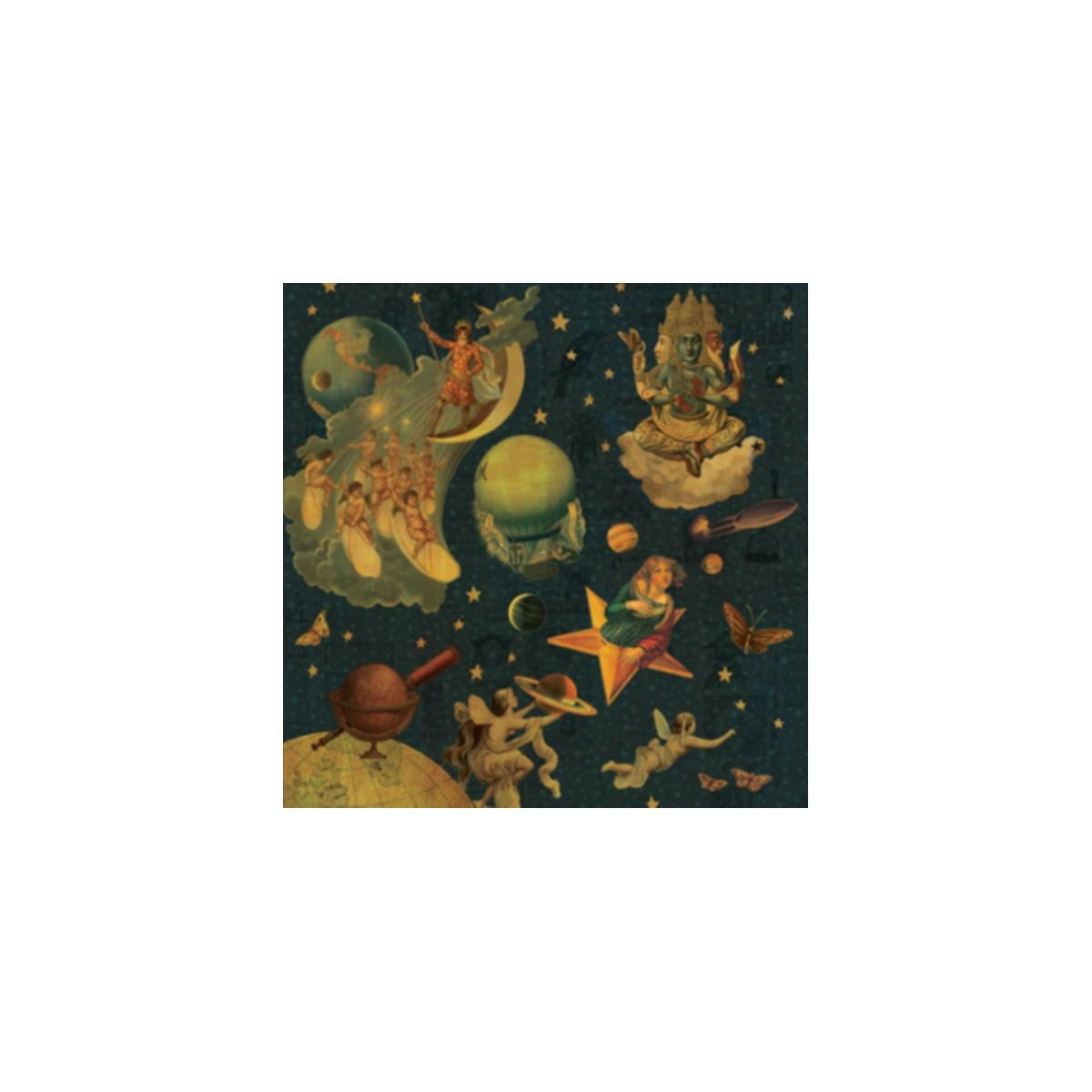 Kunstwerk met hemelse figuren, planeten en sterren. Een raket en een wereldbol zijn ook in de collage. Donkere achtergrond.