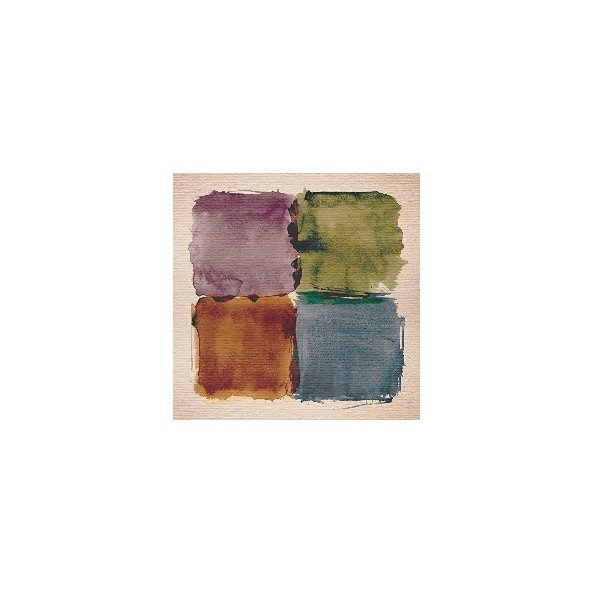 Abstracte kunst: vier vierkanten in verschillende kleuren, paars, groen, bruin en blauw op een beige achtergrond.