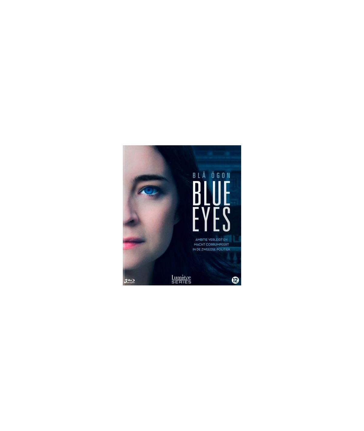 Blue Eyes dvd-hoes. Toont het gezicht van een vrouw met een blauw oog en de titel.