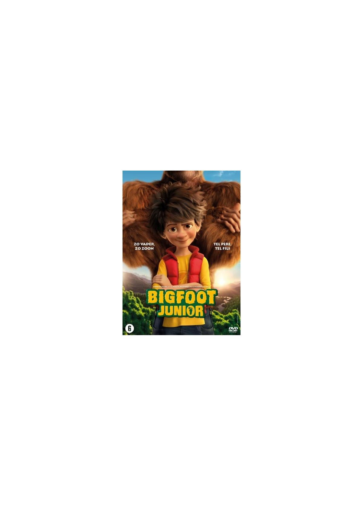 DVD-hoes van 'Bigfoot Junior'. Een jongen en Bigfoot. Tekst 'Bigfoot Junior' zichtbaar.
