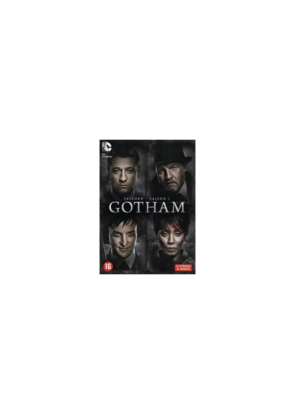 Couverture du DVD de la saison 1 de Gotham. Quatre portraits de personnages et titre.