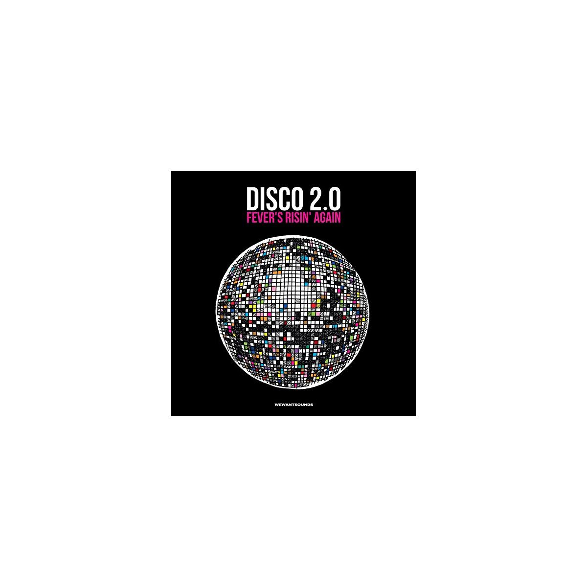 Fond noir avec une boule disco faite de carrés. Texte : Disco 2.0, Fever's Risin' Again.