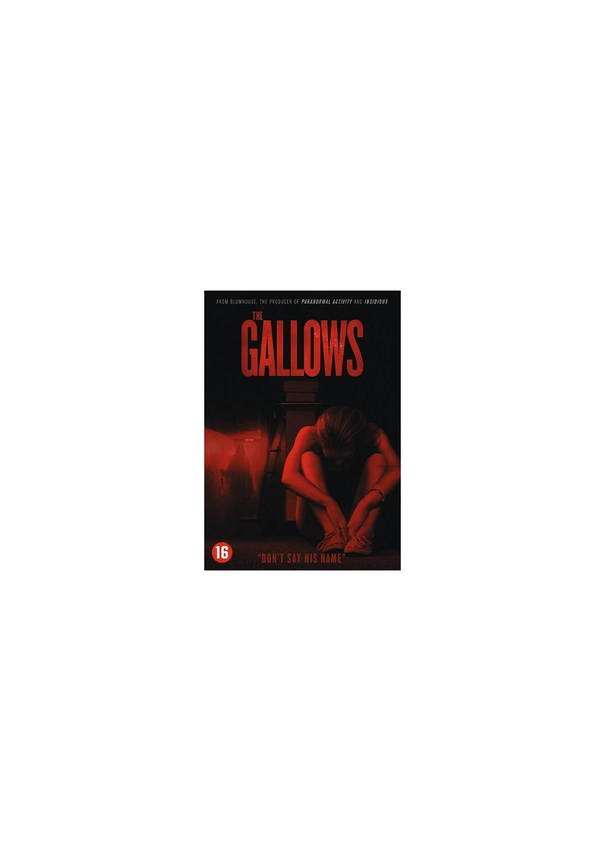 Jaquette DVD. 'The Gallows'. Une femme est assise par terre. Schéma de couleurs rouge et noir.