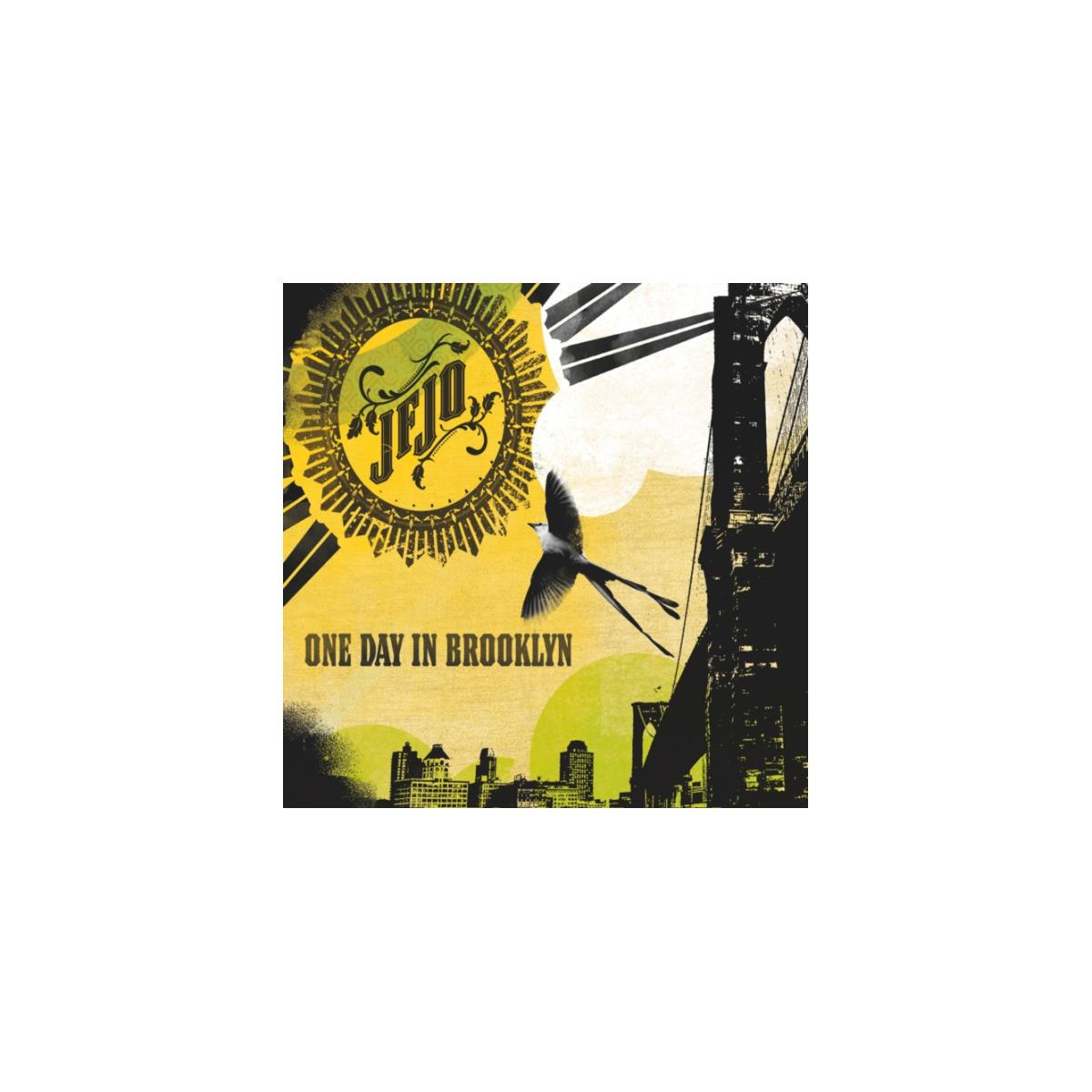 Pochette d'album : fond jaune, oiseau volant, silhouette de pont, texte 'One Day in Brooklyn' et logo.