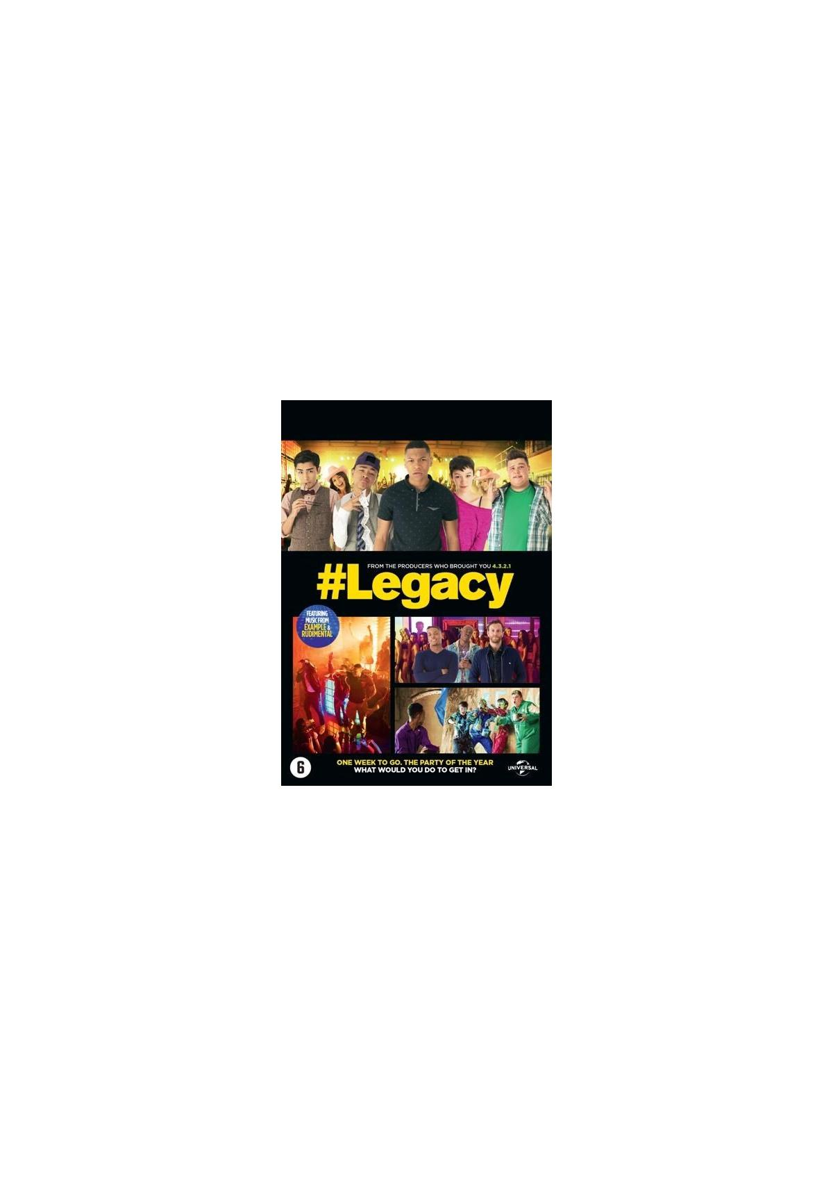 DVD-hoes met een groep mensen, tekst luidt "#Legacy" en "One week to go".