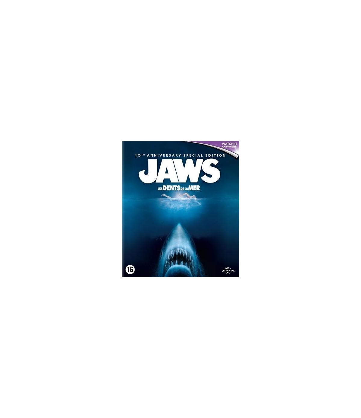 Affiche du film Jaws. Un grand requin blanc est représenté en train d'attaquer, avec le titre 'Jaws' au-dessus.