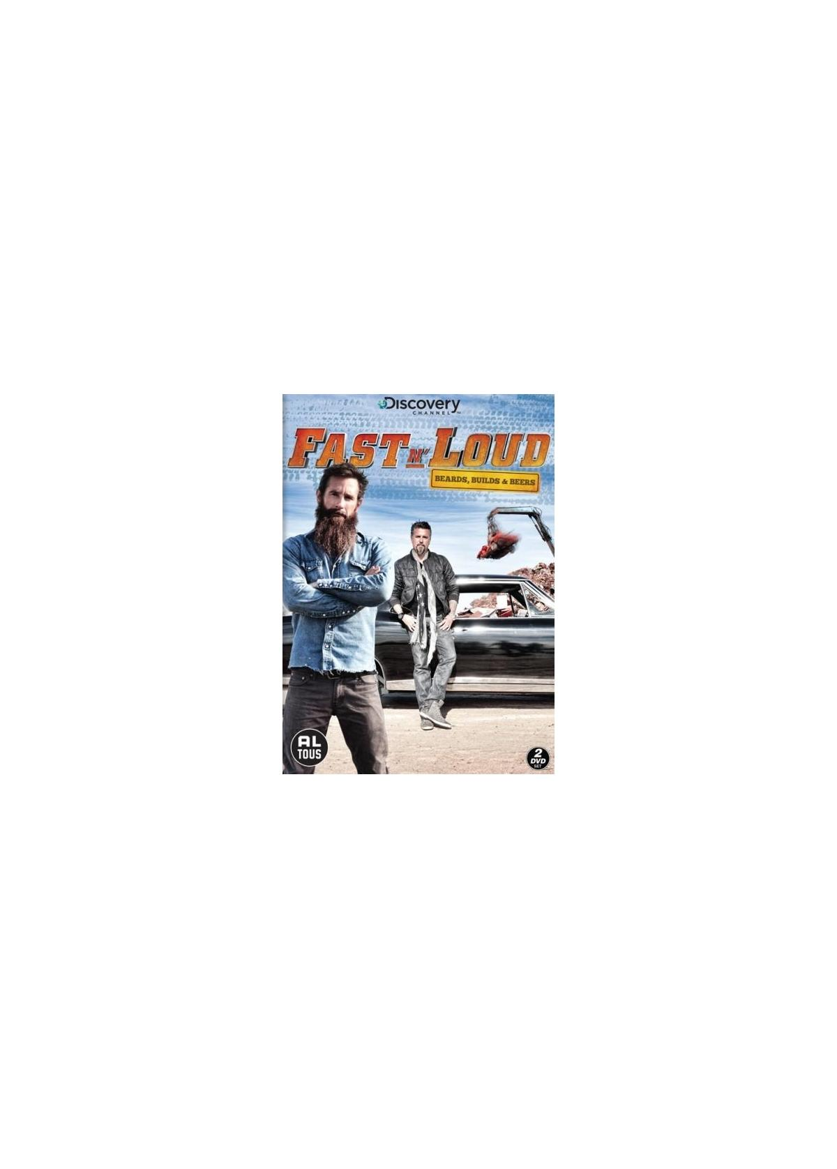 Couverture du film : DVD « Fast N’ Loud ». Des hommes avec des voitures sont visibles sur la couverture.