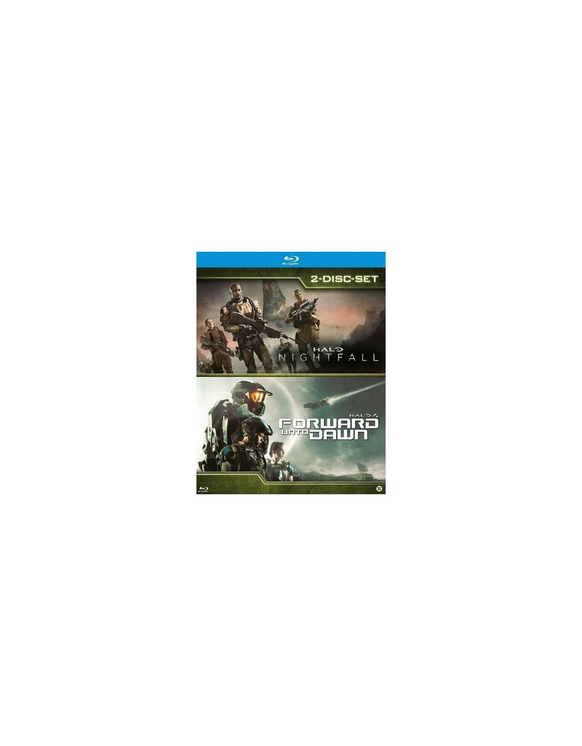 DVD-hoes: Halo: Nightfall en Forward Unto Dawn. Acteurs in militaire uniformen op de cover.