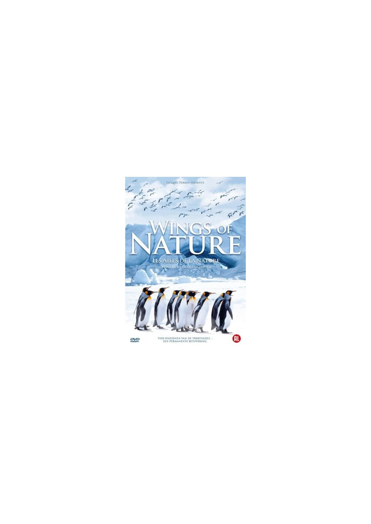 DVD-hoes voor 'Wings of Nature'. Pinguïns op ijs met vogels in de lucht.