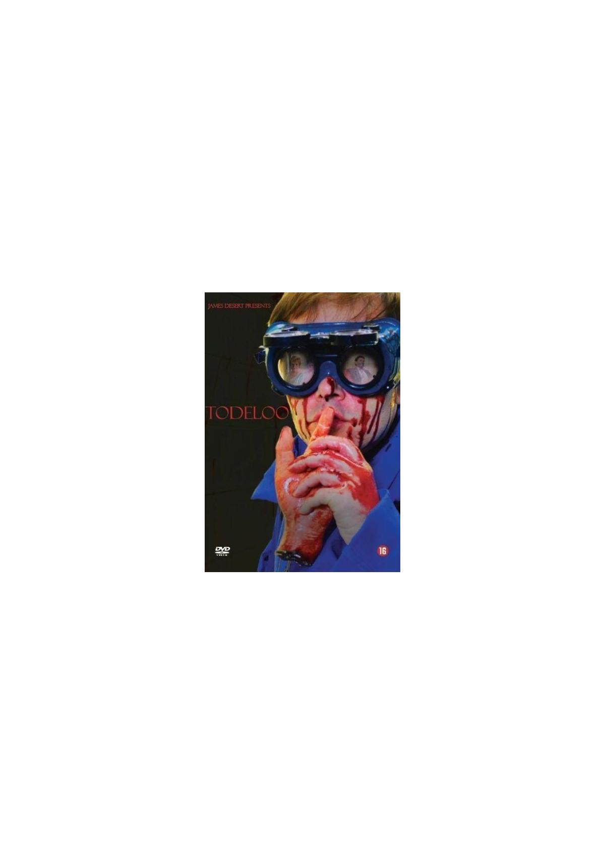 Affiche de film avec un homme portant des lunettes, couvert de sang, doigt sur les lèvres.