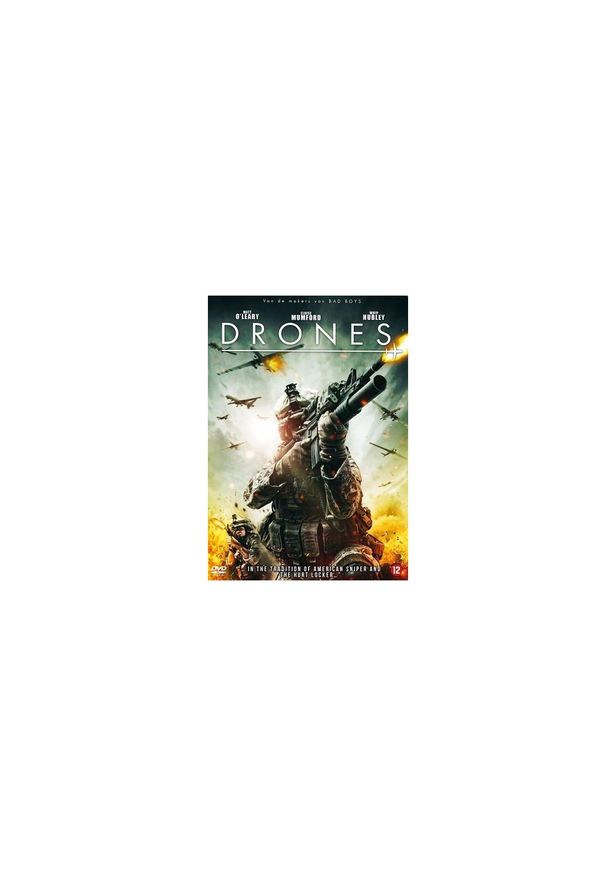 Affiche de film : Soldats avec des armes. Texte : 'Drones'. Arrière-plan : des avions et un champ de bataille.