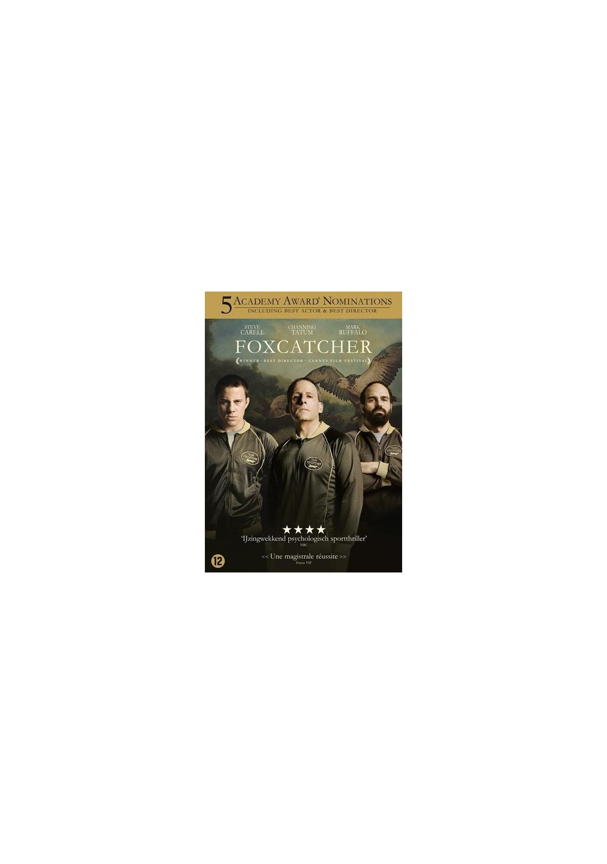 Filmposter met drie mannen, tekst luidt "Foxcatcher".