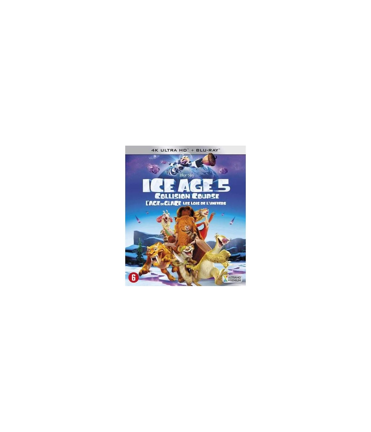 Filmposter van 'Ice Age 5', met tekenfilmfiguren en een besneeuwde achtergrond.