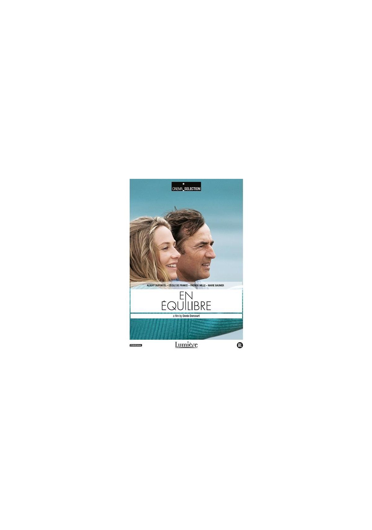 Affiche de film avec des visages d'homme et de femme. Titre : En Équilibre. Le fond est bleu clair.