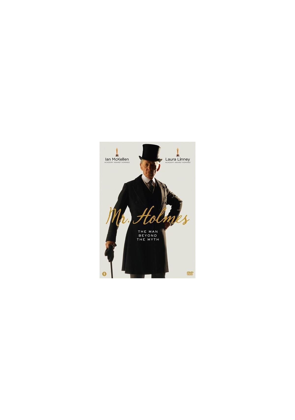 Filmposter van 'Mr. Holmes'. Een oudere man in een pak en hoge hoed met een wandelstok.