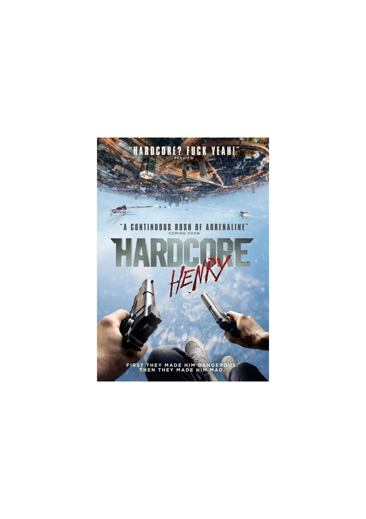 Affiche de film : Deux mains tenant des armes au-dessus d'une vue de la ville. Texte : 'Hardcore Henry'.