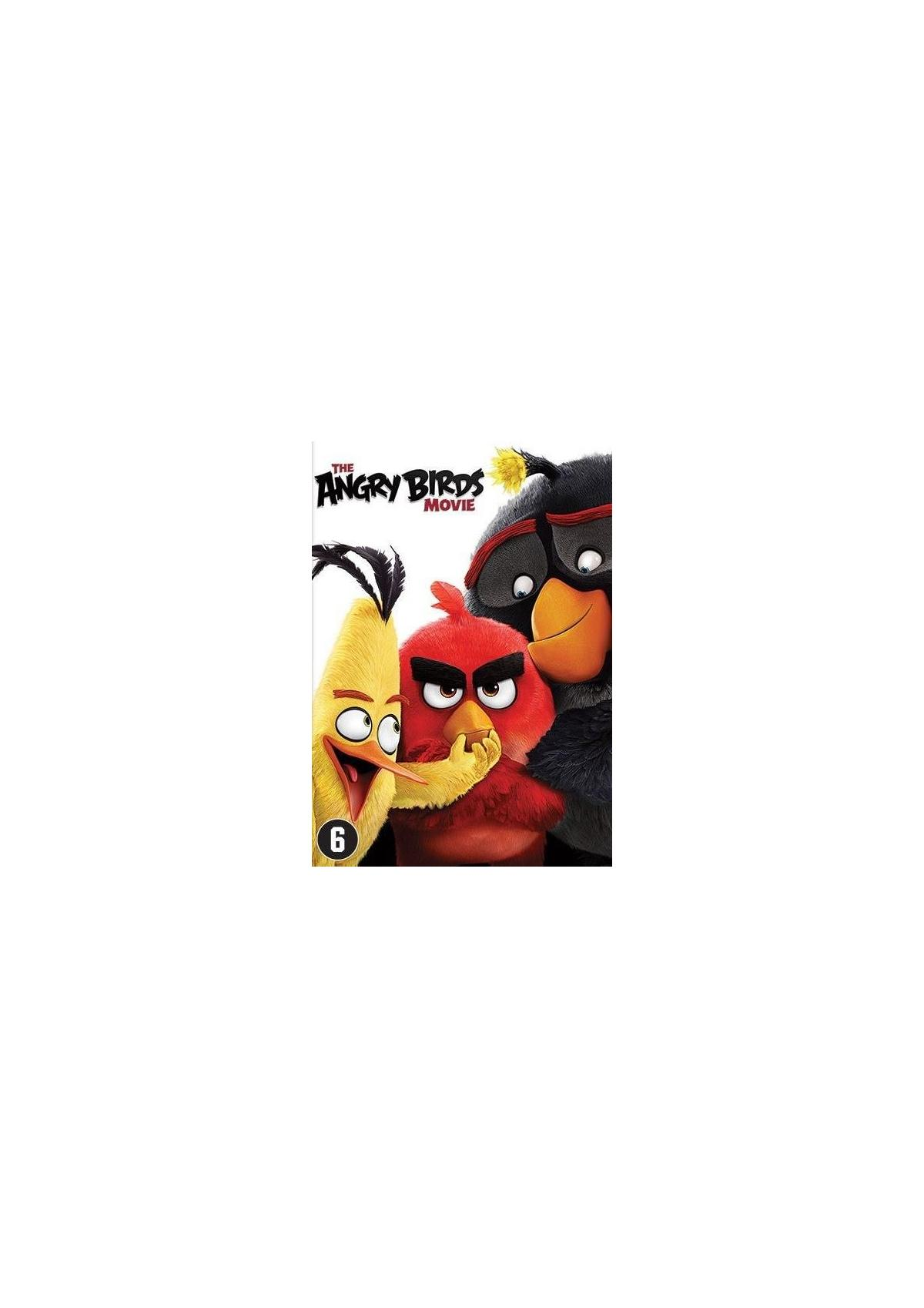 De Angry Birds Movie-cover. 3 boze vogels kijken naar de kijker.
