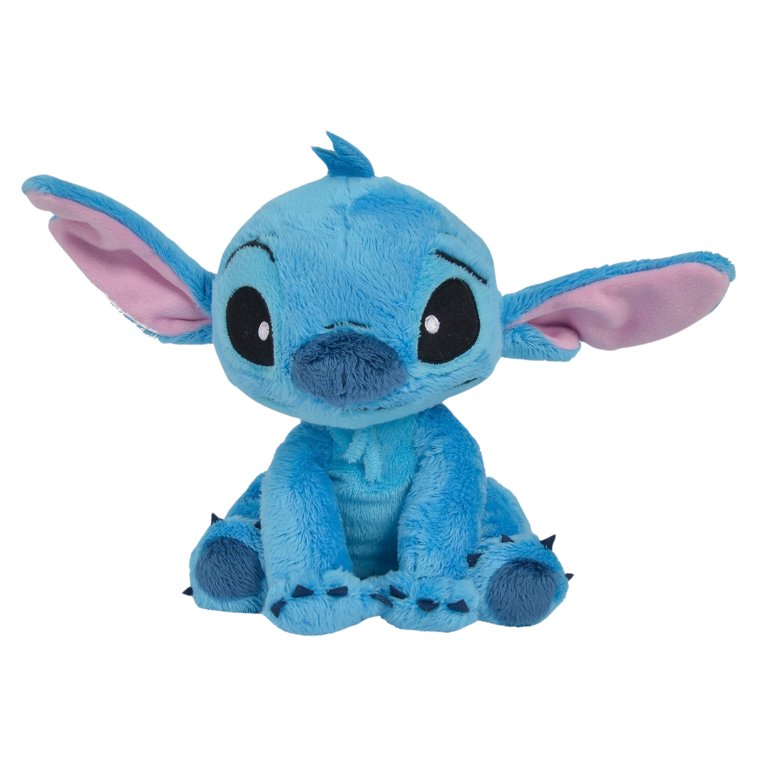 Pluszowa zabawka Stitch: niebieska, siedząca, duże uszy, czarne oczy, mały nos i wesoła mina.