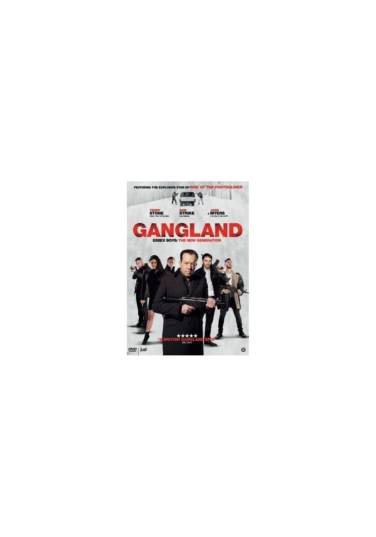 Filmposter met een groep mensen, titel 'Gangland' en een busje op de achtergrond.