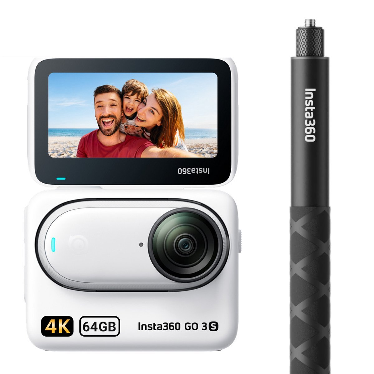 Caméra Insta360 et accessoires. Montre une famille souriant à la caméra.