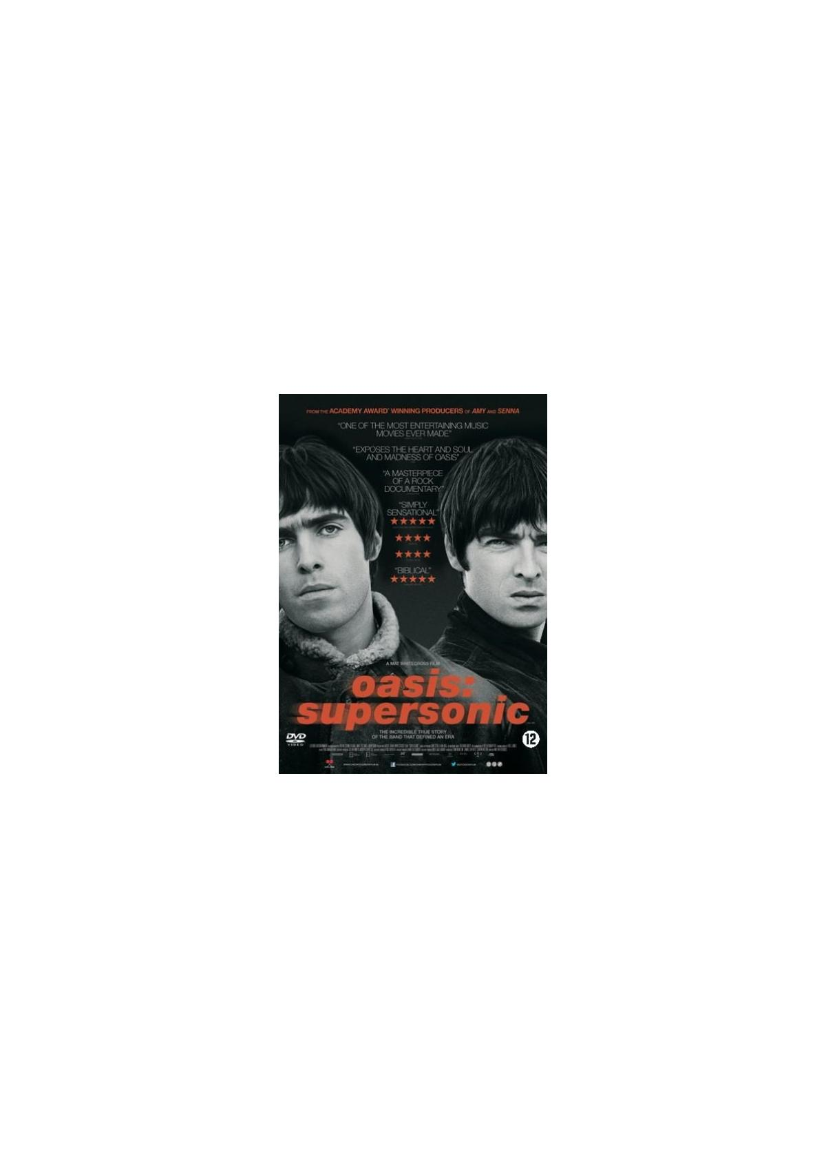 Pochette DVD pour 'Oasis: Supersonic'. Deux hommes en noir et blanc. Texte : Oasis Supersonic.
