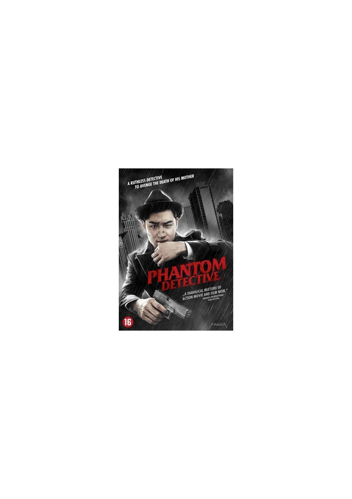 Affiche du film : Phantom Detective. Un homme avec un chapeau tenant une arme à feu, fond urbain.
