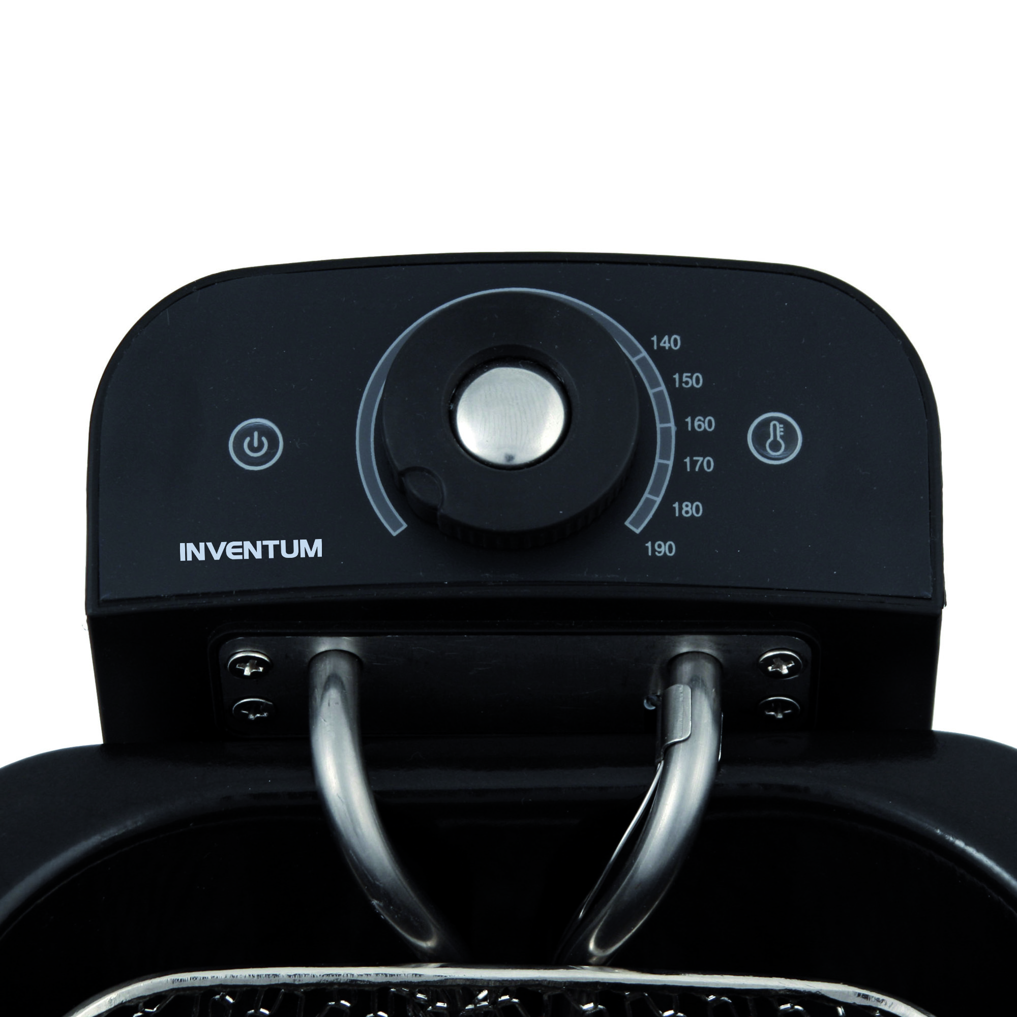 Close-up of a black deep fryer control panel with a dial and display.