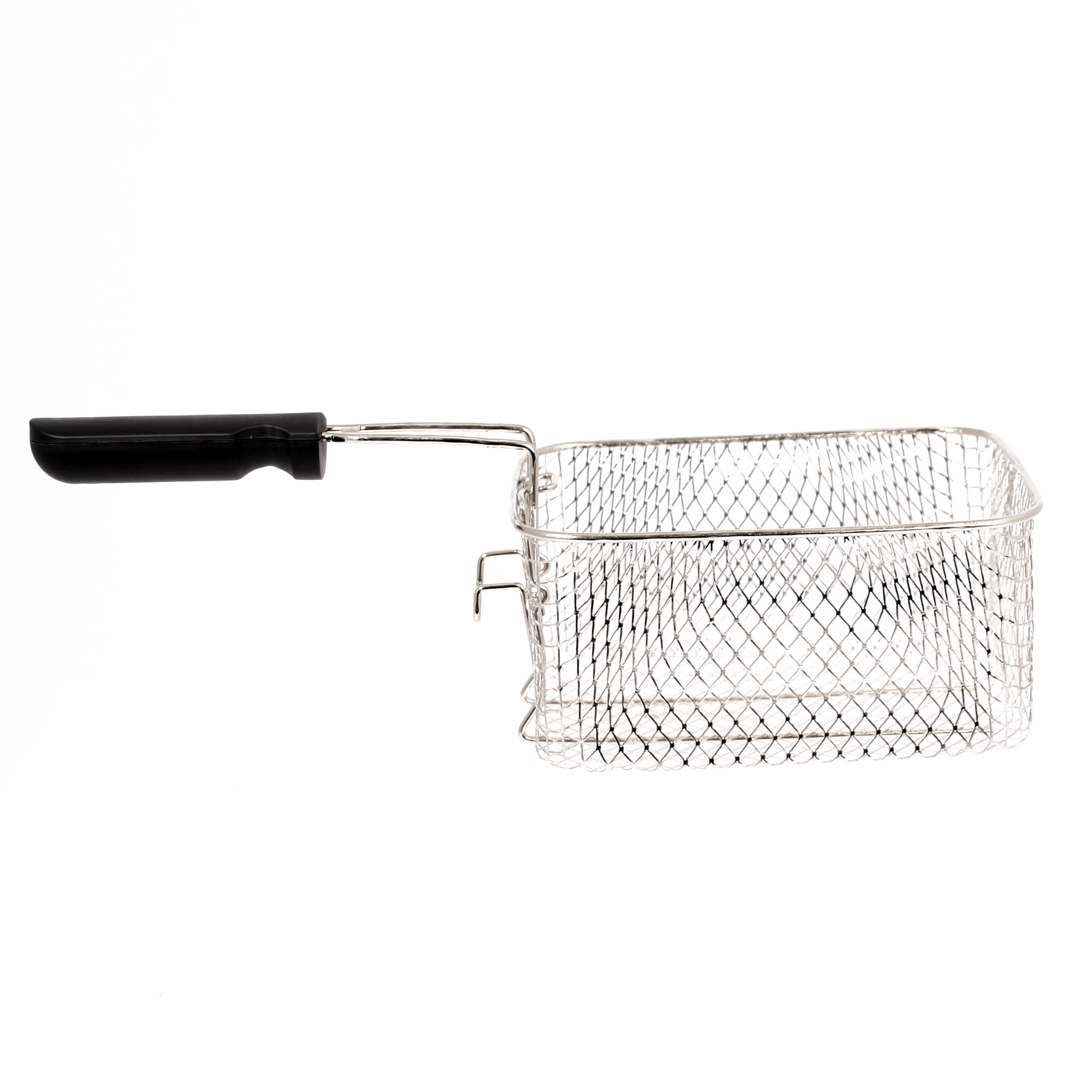 Deep fryer basket. Metal mesh, black handle. Isolated on white background.