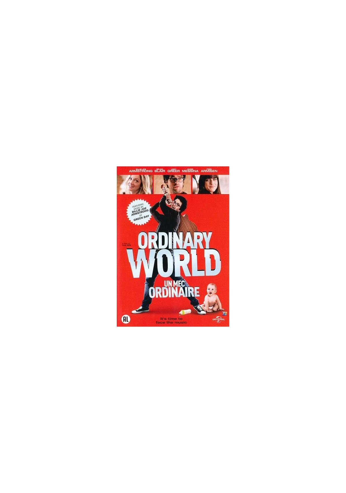 Couverture DVD : Un homme avec un balai et un bébé, faisant la promotion de 'Ordinary World' avec divers visages.