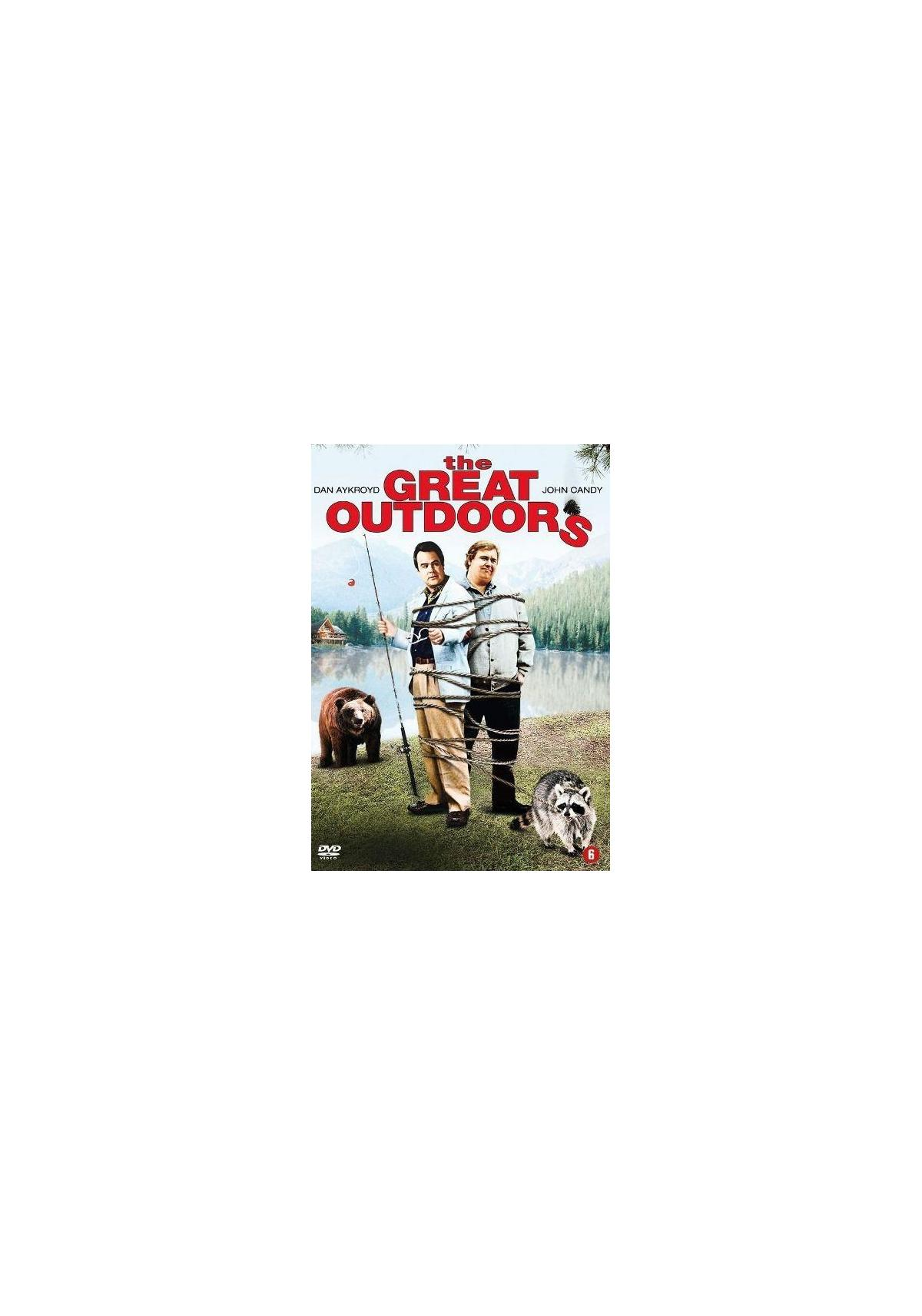 Affiche de film : Deux hommes pêchant avec un ours et un raton laveur visibles, titre "The Great Outdoors".